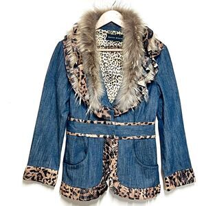 Dana Stein Luxurious Denim Fox Fur with leather animal print trim Womens Size S